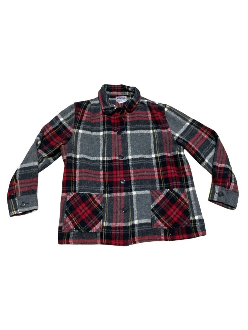 Vtg Amana Wool Plaid Button-Up Jacket Size L Red Gray Black Outerwear Mens